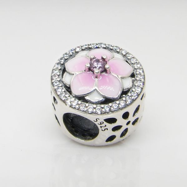 Auténtica Plata de Ley 925 Rosa esmalte magnolia flores encantos caja Original para Pandora Beads Charms pulsera fabricación de joyas