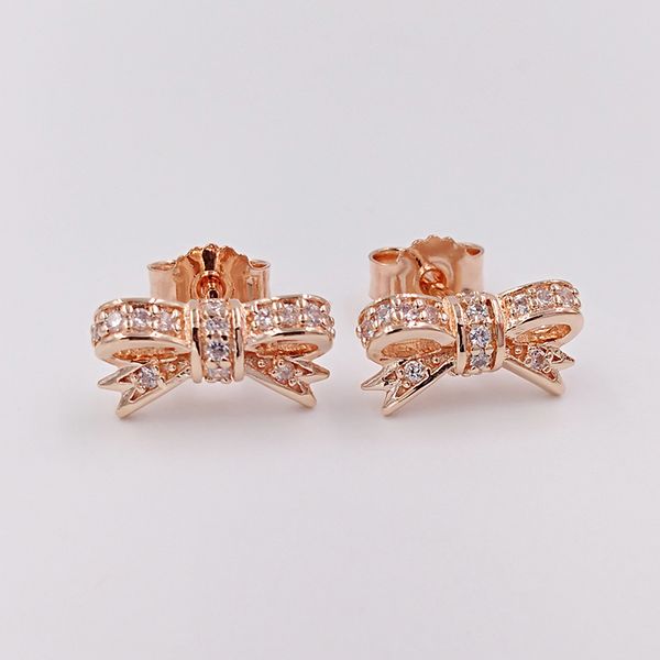 Stud Sparkling Bow Pendientes Auténtica plata de ley 925 Se adapta a la joyería de estilo Pandora europeo Rose Gold Plated Studs Andy Jewel 280555CZ