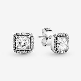 Authentiques boucles d'oreilles en argent sterling 925 plaqué or jaune 18 carats avec diamants CZ pour femme et homme avec boîte d'origine pour pandora Clear Square Sparkle Halo Boucle d'oreille