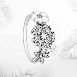 Authentiek 925 Sterling Silver White Email Flower Rings Originele doos voor Pandora Silver Jewelry For Women Natural Crystal Wedding 229m