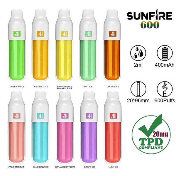 Auténtico Aierbota Sunfire 600 Puffs Vape Tpd TPD registrado 10 sabores Desechables Vapor Stick Float Pen