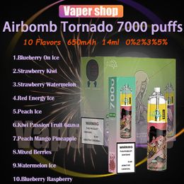 Authentieke Airbomb Tornado 7000 Bladerdeeg E-sigaretten 14ml Pod 0% 2% 3% 5% Niveau 650mAh Batterij Oplaadbaar 7K Rookwolken Vapes
