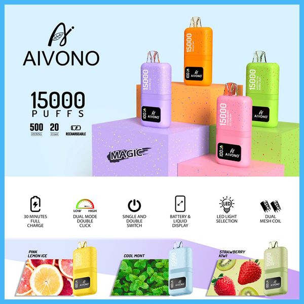 Authentique AIVONO Magic 15000 Puffs Jetable E Cigarette Vape Pen Avec Batterie Rechargeable 500mAh 20ml Mesh Coil Display Pod 15000puff Dual Mode EU Gratuit