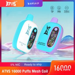 ATVS Authentic 16000 Puffs E Puffes de cigarette Rechargeable Rechargeable Vape Color Screen Mesh Vapes Pen 16 Couleurs 2% 5%