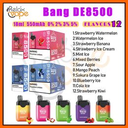 Autêntico Bang DE8500 Puffs 8K Dispositivo Vapes Descartáveis Pod Fumar Vapes Kit Bobina 18ml Bateria Recarregável Cigarros Eletrônicos Força 0% 2% 3% 5% Nível Vazio E Cigarros