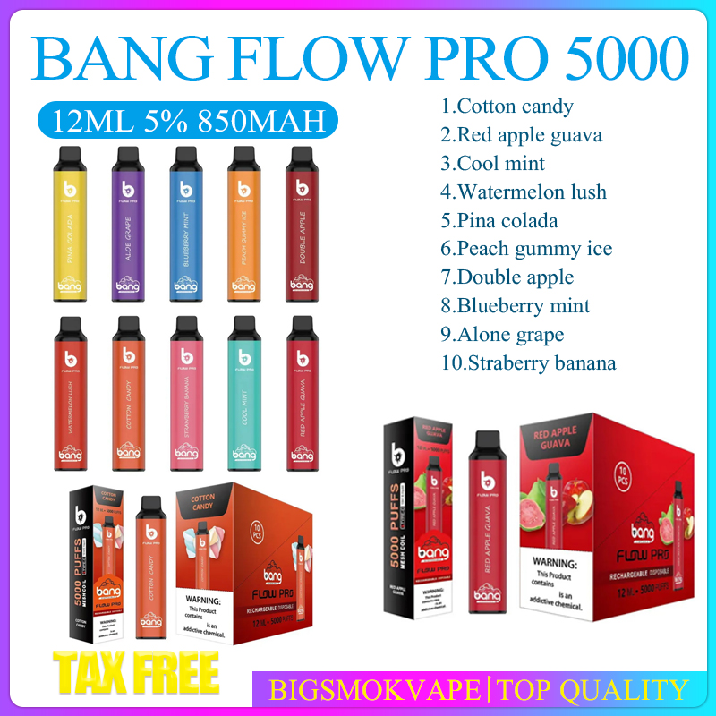 Authentic Bang Flow Pro Disposable E cigarettes 5000 Puffs Vape Pen 850mAh Rechargeable Battery 12ml Prefilled Cartridge Pods Vaporizer xxl plus max