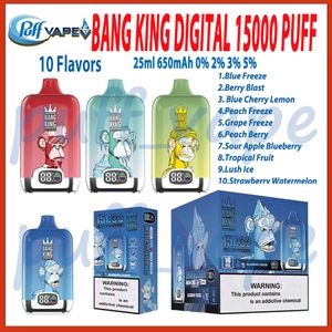 Authentieke Bang King Digital 15000 Smart Screen E-sigaretten Mesh Coil 650mAh Batterij 10 smaken Wegwerp vape-pen 0% 2% 3% 5% Niveau 25 ml Voorgevulde pod VS Bang king 15000