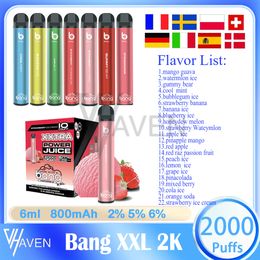 Authentique Bang Xxl 2000 Puff jetable Vape Pen 6ml pré-rempli Pod Mesh Coil 800mAh 2% 5% 6% Niveau 22 Saveurs Puffs 2k E Cigarette