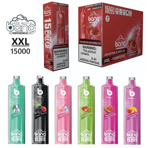 Authentique Bang XXL DTL 15000 Puffs Vape jetable 24 ml Prérempli Vape Mesh Coil Shisha Hookah Bar Détachable E Cigarette Réglable Airflow Pod Dispositif