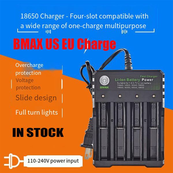 Chargeur de batterie Bmax authentique 4 Slots Bay Lithium Smart US EU Plug Charger pour IMR 18350 18650 26650 21700 Batteries rechargeables Universal Li-ion Chargeurs authentiques