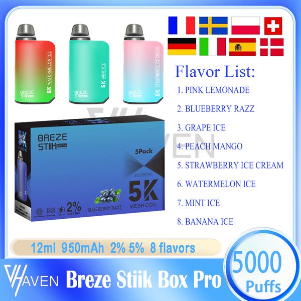 Authentique Breze Stiik Box Pro 5000 Puff Jetable E Cigarette Vape Pen Avec E-Juice Batterie Rechargeable 950mAh Capacité 12ml 5K Puffs 8 Saveurs Différentes