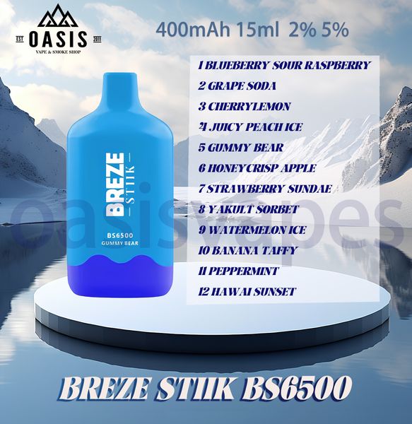 Authentique Breze Stiik BS6500 Puff Jetable E Cigarettes Puffs 15ml Stylo Vape Liquide Prérempli 400mAh Rechargeab le Vaporisateur de Batterie 12 Saveurs 6500 bouffées vaper