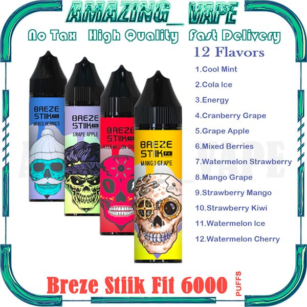 Auténtico Breze Stiik Fit 6000 Puff desechable E Cigarrillo Vape Pen con E-Juice Batería recargable de 500 mAh Capacidad de 15 ml 6K inhalaciones 12 sabores diferentes 2% 3% 5%