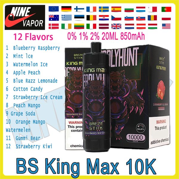 Auténtico Breze Stiik King Max 10000 Puffs Desechable E Cigarrillo Vape Pen 20ml 850mAh Batería recargable Bobina de malla 12 sabores