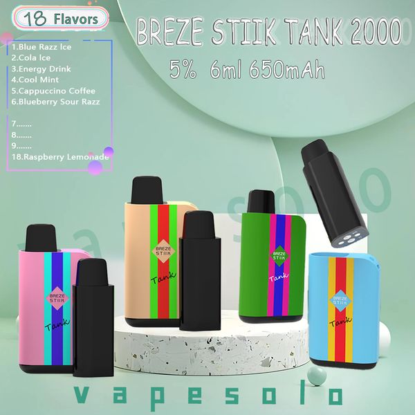 Auténtico tanque Breze Stiik 2000 Cigarrillo electrónico desechable 6 ml Pod precargado 650 mAh Batería recargable 18 sabores Puffs 2K Vape pluma