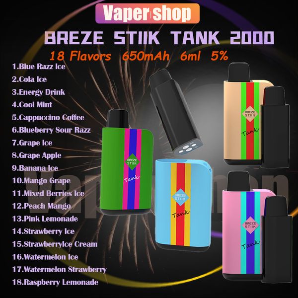 Auténtico tanque Breze Stiik 2000 Puff Cigarrillo electrónico desechable 6 ml Pod precargado Bobina de malla 650 mAh Batería 2% 5% 2k Puffs Vaper