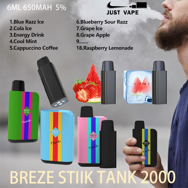 Authentic Breze Stiik Tank 2000 Puffs Cigarettes Dispost Vape Pen Ecigs Remplaçable Pod 6ml 650mAh Dispositif de vapeur de vaporisateur de batterie 2% 5% 18 FLAVORS