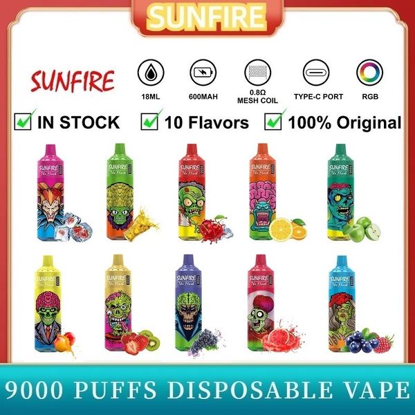 Authentique stylo de vape jetable Sunfire Puff 9k 10k 12k Tornado Vape Vape Reccharagable Tornado 9000 avec une lumière RVB colorée brillante et beaucoup de saveur de raisin Puffs