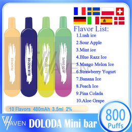 Authentieke Doloda Mini Bar 800 PLUFT WEGELIJKE VAPE PEN 3,5 ml voorgevulde pod mesh spiraal 480 mAh Oplaadbare batterij 2% Level Puffs 800 E Sigaret