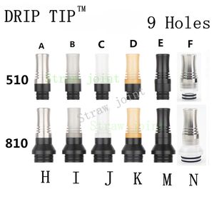 Authentieke DRIP TIP 1PCS 810 510 mtl Stro Joint met 9 Gaten POM SS Drip Tips