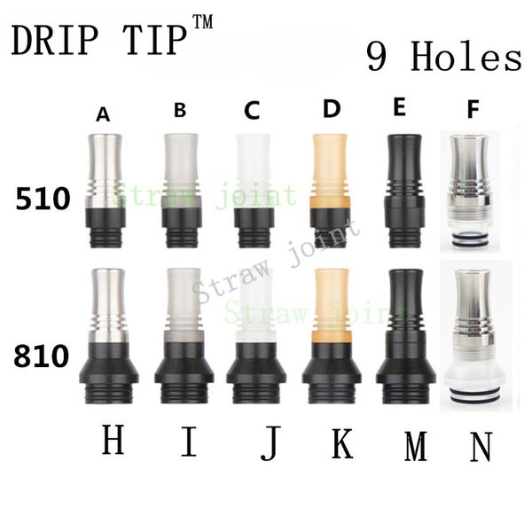Authentique DRIP TIP 1 pièces 810 510 mtl Joint de paille avec 9 trous POM SS Drip Tips