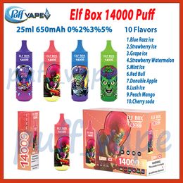 Authentique Elf Box 14000 Puff Jetable E Cigarettes Mesh Coil 25 ml Pod pré-rempli 650mAh Batterie Cigs électroniques 0% 2% 3% 5% Niveau Puffs 10K Vape Pen Kit