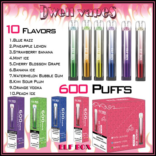 Authentique Elf Box 600 Puff Jetable Vape 600 bouffées E Cigarettes Vaper 450mAh Batterie Dispositif 2ml Cartouche Pod Bar 2% 5% Niveau Kit Fast Ship