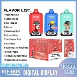 Authentique Elf Box Digital 12000 Puff Vape jetable 0.8ohm 25ml Type C Batterie rechargeable 0% 2% 3% 5% 12 Saveurs d'e-cigarette 12K Puffs