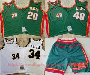 Authentique broderie basketball Gary 20 Payton Jerseys Retro Green 1995-96 Shawn 40 Kemp Real Ed Breathable Sport