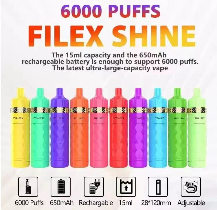 Autêntico Filex Shine Descartável E Cigarros 6000 Puffs Vape Pen 650mAh Bateria Recarregável 15ml Bobina de Malha Pré-cheia Vaporizador AirFlow Pods Dispositivo Max Box Air Bar