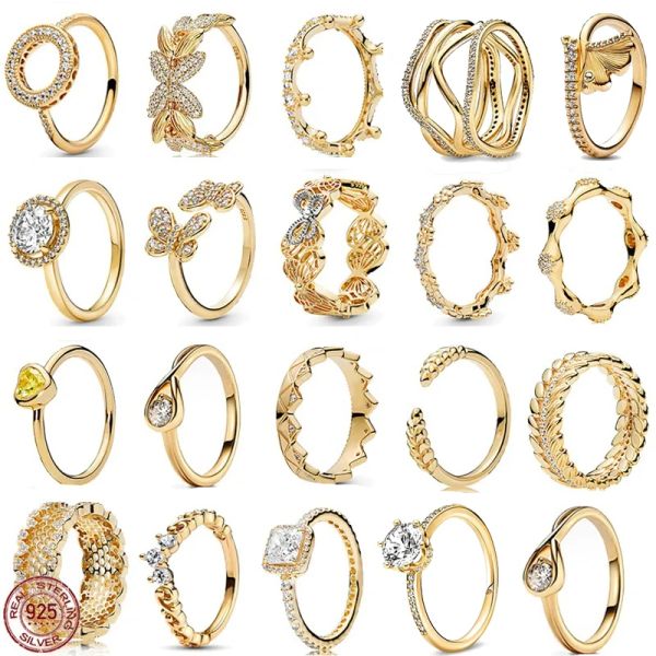 Bagues Pandora authentiques, breloques, série dorée, papillon, couronne jaune, cœur