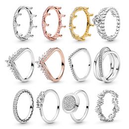 Anillos de mujer con ajuste auténtico, dijes, Tiara de princesa, corona, corazón de amor brillante, joyería de aniversario CZ