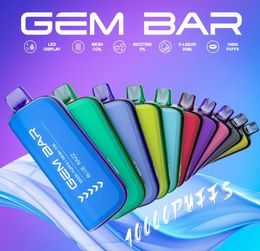 Authentique GEM BAR 10000 bouffées de cigarettes électroniques jetables, dispositif de dosettes rechargeables avec écran LED intelligent, batterie e-liquide 20 ml pré-remplie, 15 saveurs en stock