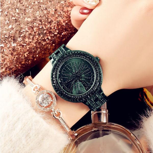 Reloj auténtico de diosa para mujer The Time To Run, correa de acero con múltiples incrustaciones verdes, relojes de marea de cuarzo giratorios resistentes al agua