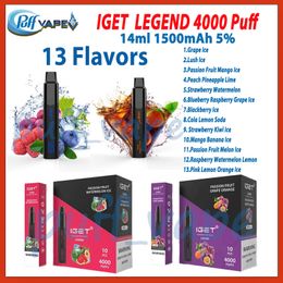 Auténtica leyenda de Iget 4000 cigarrillos electrónicos desechables kit de dispositivo de vaina potente de 1500 mAh batería de 12 ml de cartucho de vape de vapicio de vape 4K vs bandeja BC 5000