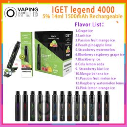 Auténtico IGET Legend 4000 Puff desechable Vape Pen Mesh Bobina recargable 1500mAh Batería vaper 5% 14ml Pod precargado 13 sabores Puffs 4k Cigarrillo electrónico