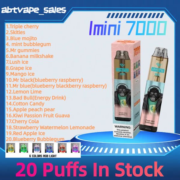 Auténtico Imini 7000 Puffs Vape desechable 15 ml Precargado 850 mAh 0% 2% 3% 5% Dispositivo de cigarrillo Vapor a prueba de fugas con 6 luces RGB para Tornado 7000 Puff Vapes En stock Envío rápido