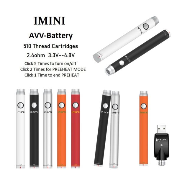 Authentic imini avv 380mAH 510 Cartouche de filetage Battery Vape Vape Patre pour les cartes de vape d'huile épaisses 3,3-4,8 V Tension variable Préchauffage Batterie en gros prix bon marché