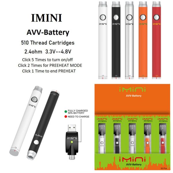 Auténtico Imini AVV / AVB 380mah batería de precalentamiento de voltaje variable e cigarrillo 510 hilo para cartuchos de vape de aceite espeso 3.3-4.8v para vapor en caja de presentación Vapor Instock