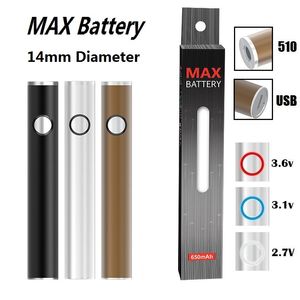 Authentieke Max Batterij 14mm Diameter Cartridge Batterijen 650mAh Voorverwarmen Variabele Spanning VV Vape Pen voor 510 Karren met USB Passthrough Fabrieksbenodigdheden