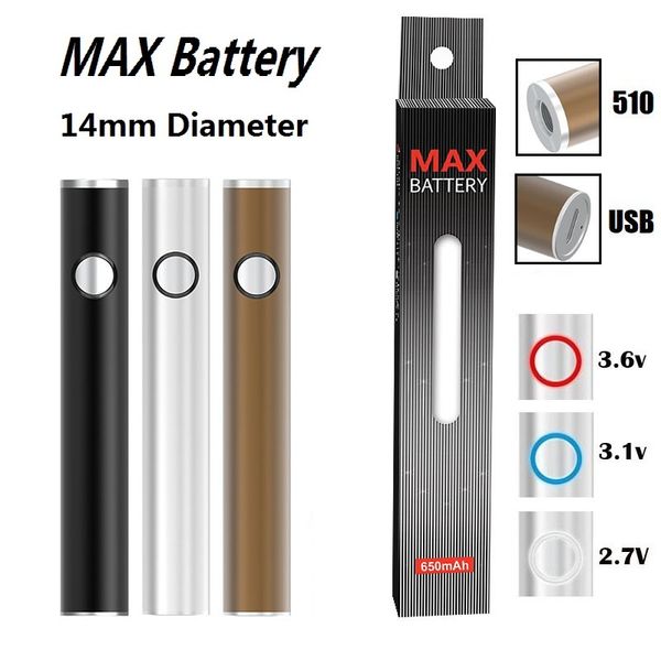 Authentique Max Battery 14mm Diamètre Cartouche Batteries 650mAh Préchauffer Tension Variable VV Vape Pen pour 510 Chariots avec USB Passthrough Usine Fournitures