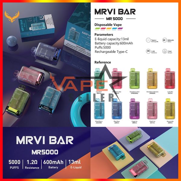 Authentique MRVI 5000 Bouffées Jetable Vape E Cigarette Elf Crystal Bar Avec Cartouche 13ml 600mAh Batterie Rechargeable Bang BC5000 Dispositif