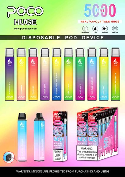 Authentique Poco Huge Puff Bar Mesh Coil Jetable E Cigarette Rechargeable 950mAh Batterie Big Vapor 5000 Puffs Vape Pen Dispositif Pré-rempli 15ml Pods Vapes Stick