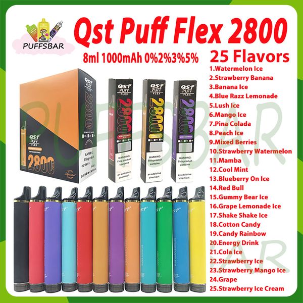 Authentic QST Flex 2800 Puff Disposable Vape Device Concentration 0% 2% 3% 5% 850mAh Batterie 8 ml 25 FLAVORS Kit de stylo pré-chargé