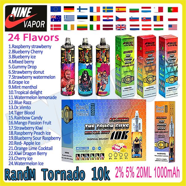 Authentique RandM Tornado 10000 Puff jetable Vape Pen 850mAh batterie rechargeable contrôle du débit d'air bobine de maille 20 ml pré-rempli Pod 24 kit de saveur