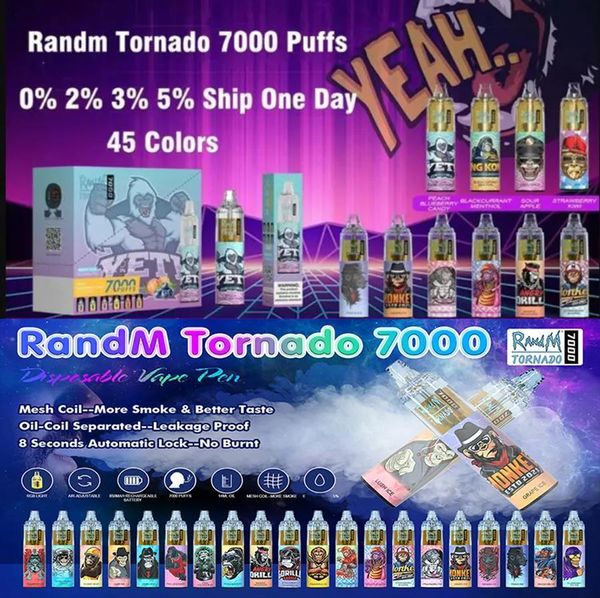 Auténtico Randm Tornado 7000 Puff 9000 Vape Cigarrillo electrónico desechable 9k 14 ml Jugo con sabor 0 mg 20 mg 30 mg 50 mg Bobina de malla Flujo de aire ajustable 1000 mAh Jam King Ti8000