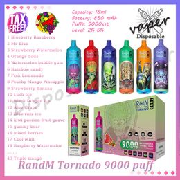 Authentieke RandM Tornado 9000 Puff wegwerp vape-pen 2% 5% niveau 18 ml voorgevulde pod 850mAh oplaadbare batterij 9k trekjes E-sigaret 43 smaken op voorraad