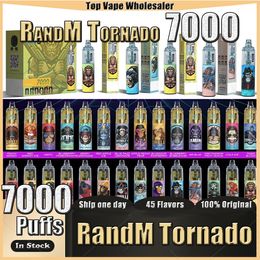 Original RandM Tornado 7000 Puffs 0/2/3/5% E Cigarettes Pod Device avec 14 ml pré-remplis Mesh Coil Air Flow Control Vapes jetables rechargeables Plus de frais de taxe VS 10000