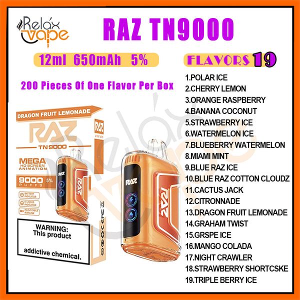 Authentique RAZ TN9000 Puff Jetable Vape Pen Tech E Cigarettes 650mAh Batterie 19 Saveurs 5% Niveau 12ml Cartouche Pod VS 9000 Puffs Kits de Dispositif Stock