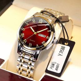 Reloj de pulsera rojo auténtico para hombre, relojes de acero inoxidable completos a la moda, reloj calendario resistente al agua para hombre de negocios, hora A3487